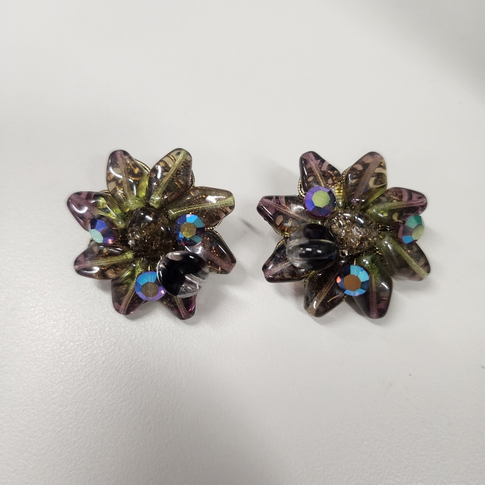 Vintage Glass Starburst Floral Clip-On Earrings Aurora Borealis Rhinestones